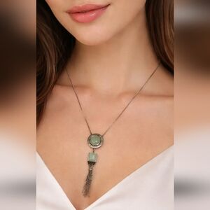Silver Tone Green Pendant Necklace With Chain Tassle, LUCKY BRAND